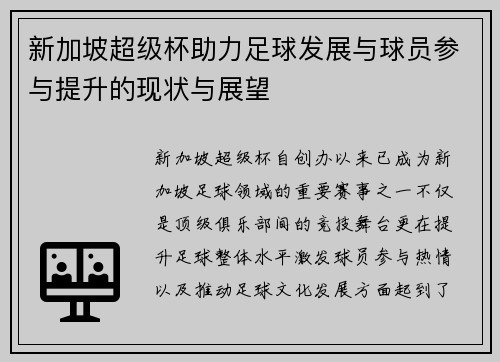 新加坡超级杯助力足球发展与球员参与提升的现状与展望 新加坡超级杯助力足球发展与球员参与提升的现状与展望
