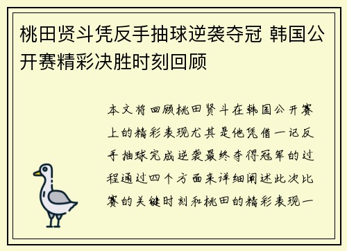 桃田贤斗凭反手抽球逆袭夺冠 韩国公开赛精彩决胜时刻回顾 桃田贤斗凭反手抽球逆袭夺冠 韩国公开赛精彩决胜时刻回顾