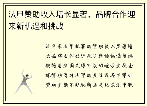 法甲赞助收入增长显著,品牌合作迎来新机遇和挑战 法甲赞助收入增长显著,品牌合作迎来新机遇和挑战